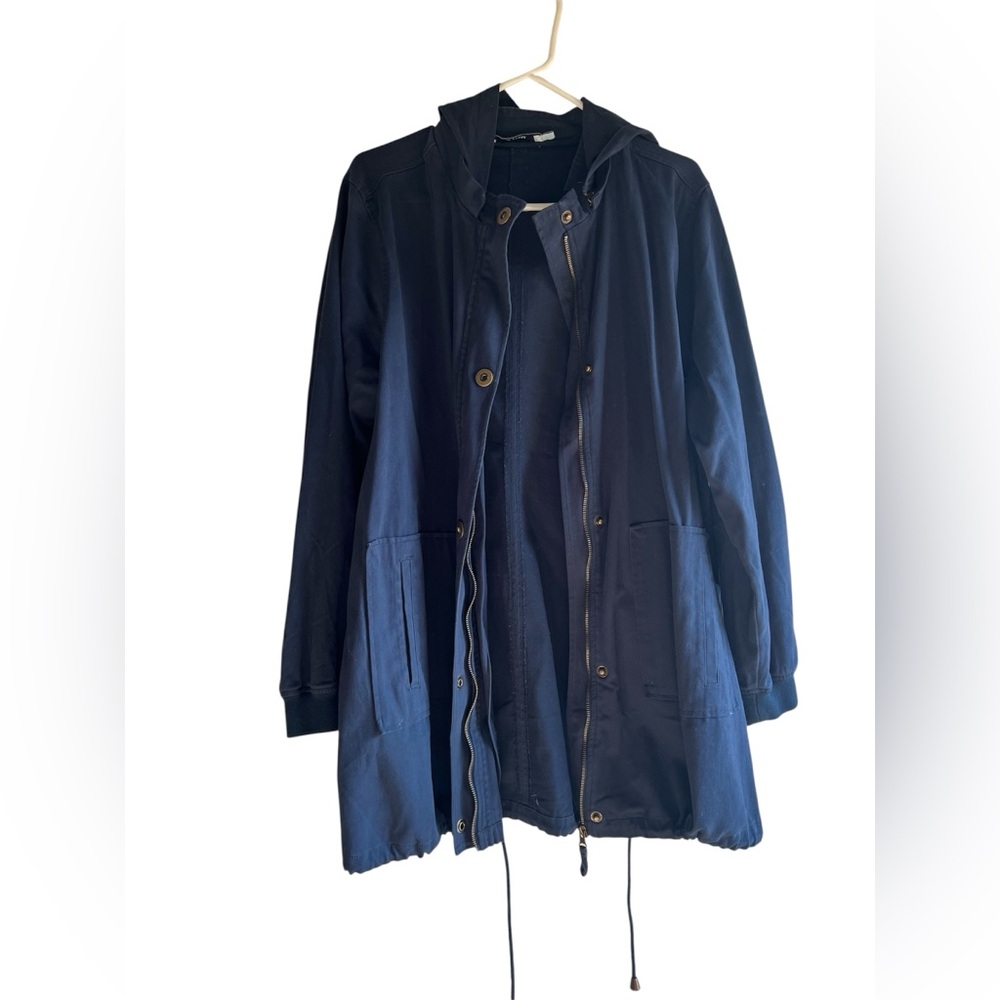 JustFab Navy Long Sleeve Detachable Hood Zip & Button Trench Jacket COAT